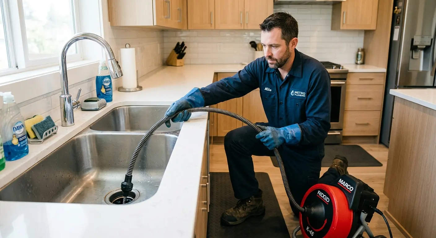 Drain cleaning technician using a motorized snake on a kitchen sink in Carmichael