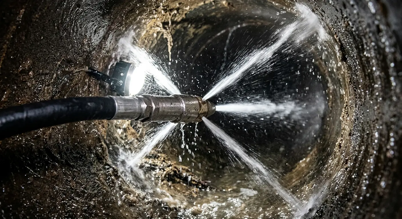 High-pressure hydro jetting nozzle cleaning sewer pipe for Sewer Cleanout in Carmichael