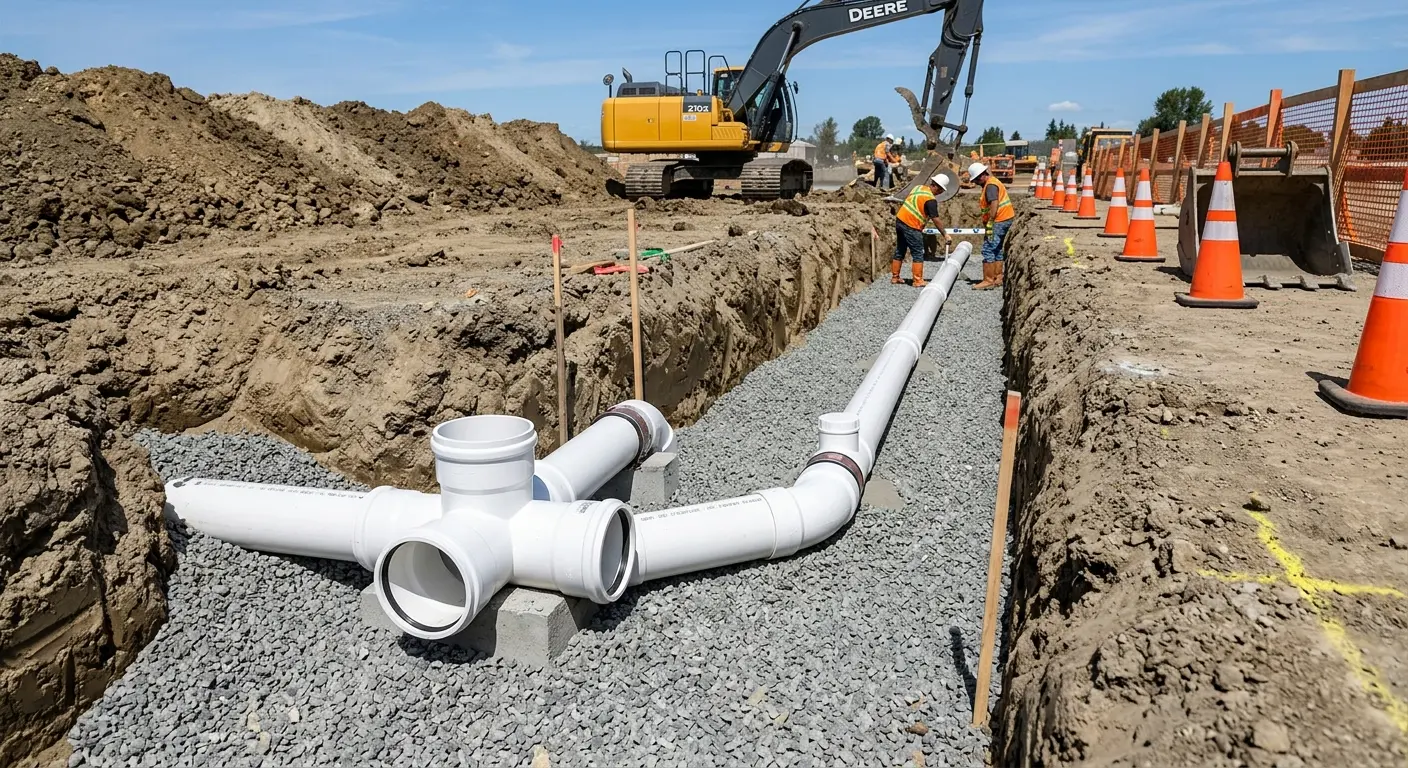 New PVC sewer pipe installation in open trench for Sewer Backup in Carmichael