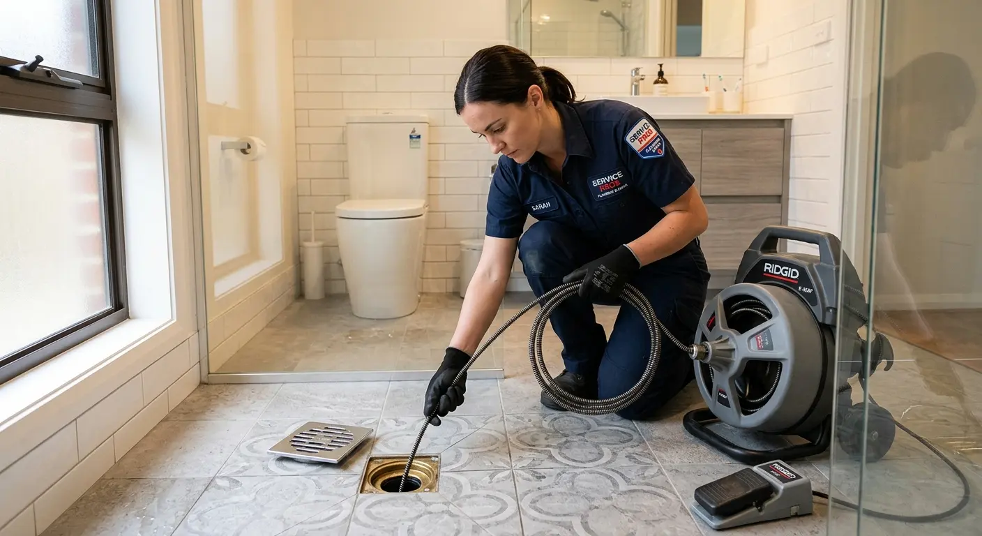 Technician clearing a bathroom floor drain for Drain Cleaning in Carmichael